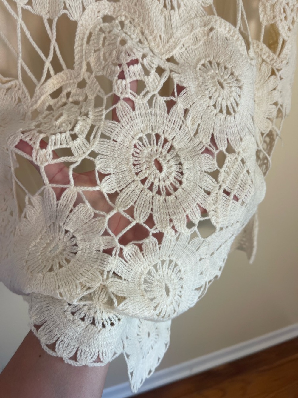 Boho Ivory Crochet Lace Shift Dress XL Lined Open Knit Coastal Wedding Guest - Picture 7 of 14